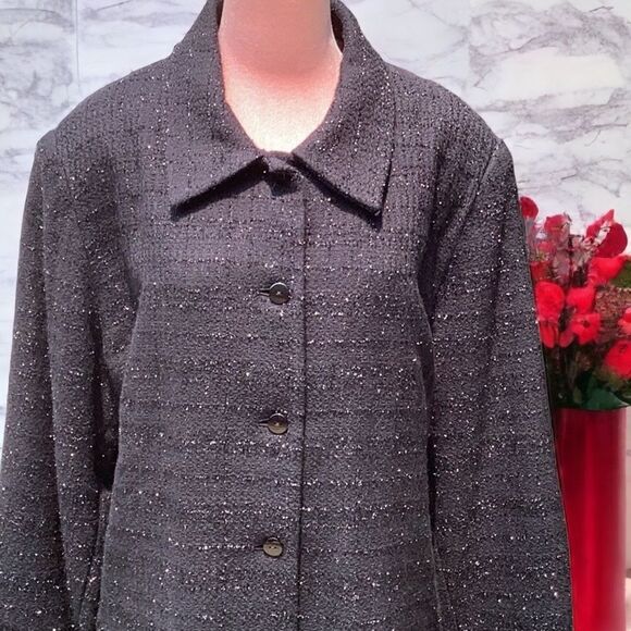 SAG HARBOR BUTTON UP COAT JACKET BLACK WITH ALL OVER SPARKLY THREADS 22W - Picture 2 of 7